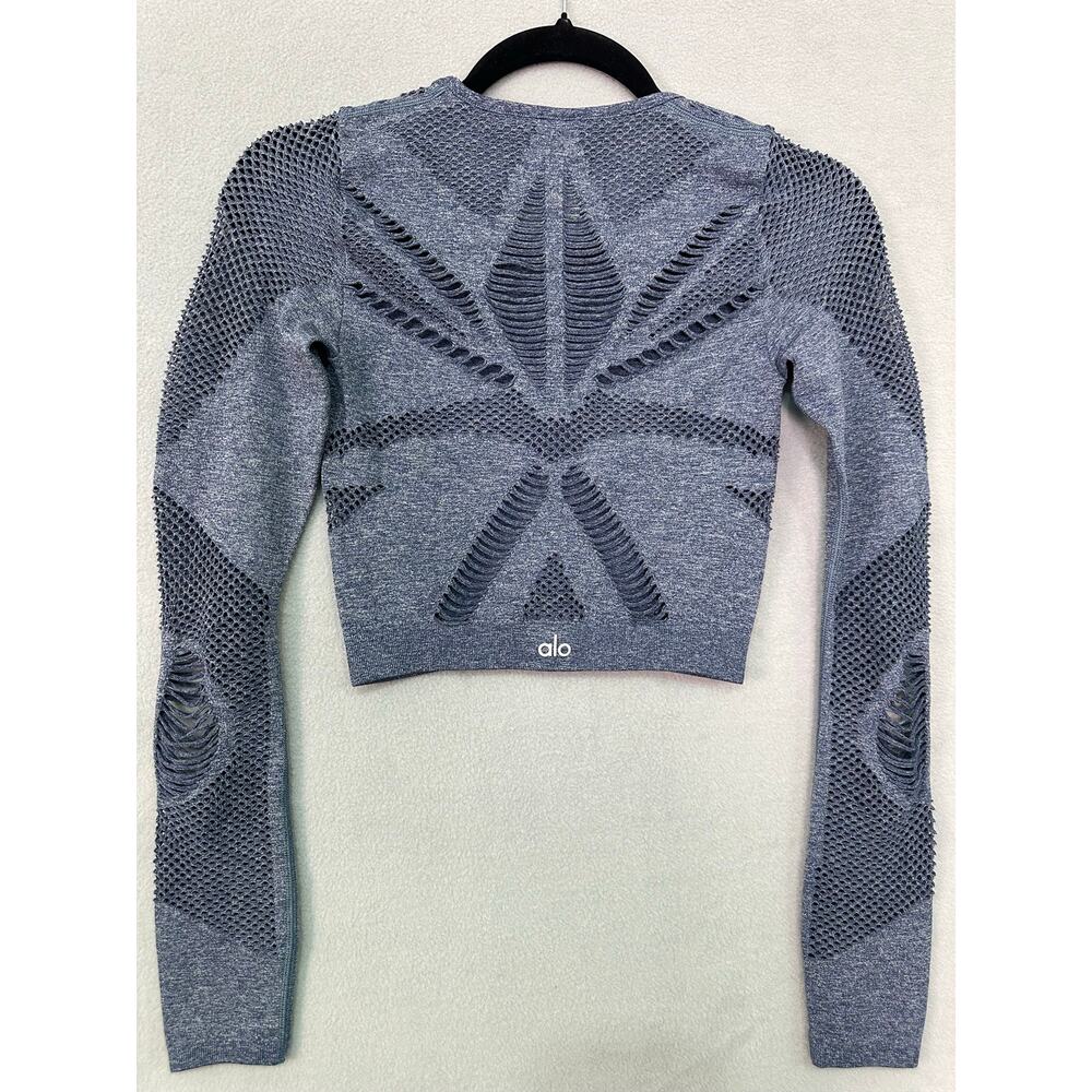Alo Yoga Siren Long Sleeve Crop Top Heathered Blue Mesh Cutout Seamless Size S - Picture 3 of 7